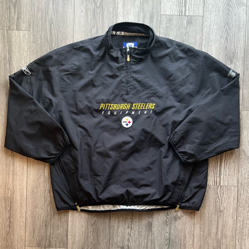 Reebok Steelers NFL Equipment Zip Pull Over Vented Windbreaker Jacket Black Gold
